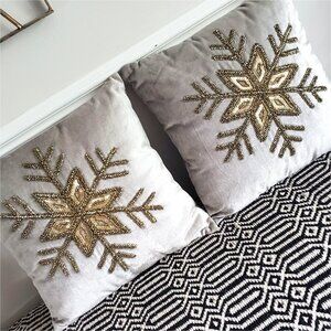 NEW Pier 1 GLAM Silver Velvet Gold Beaded Christmas Snowflake Pillows